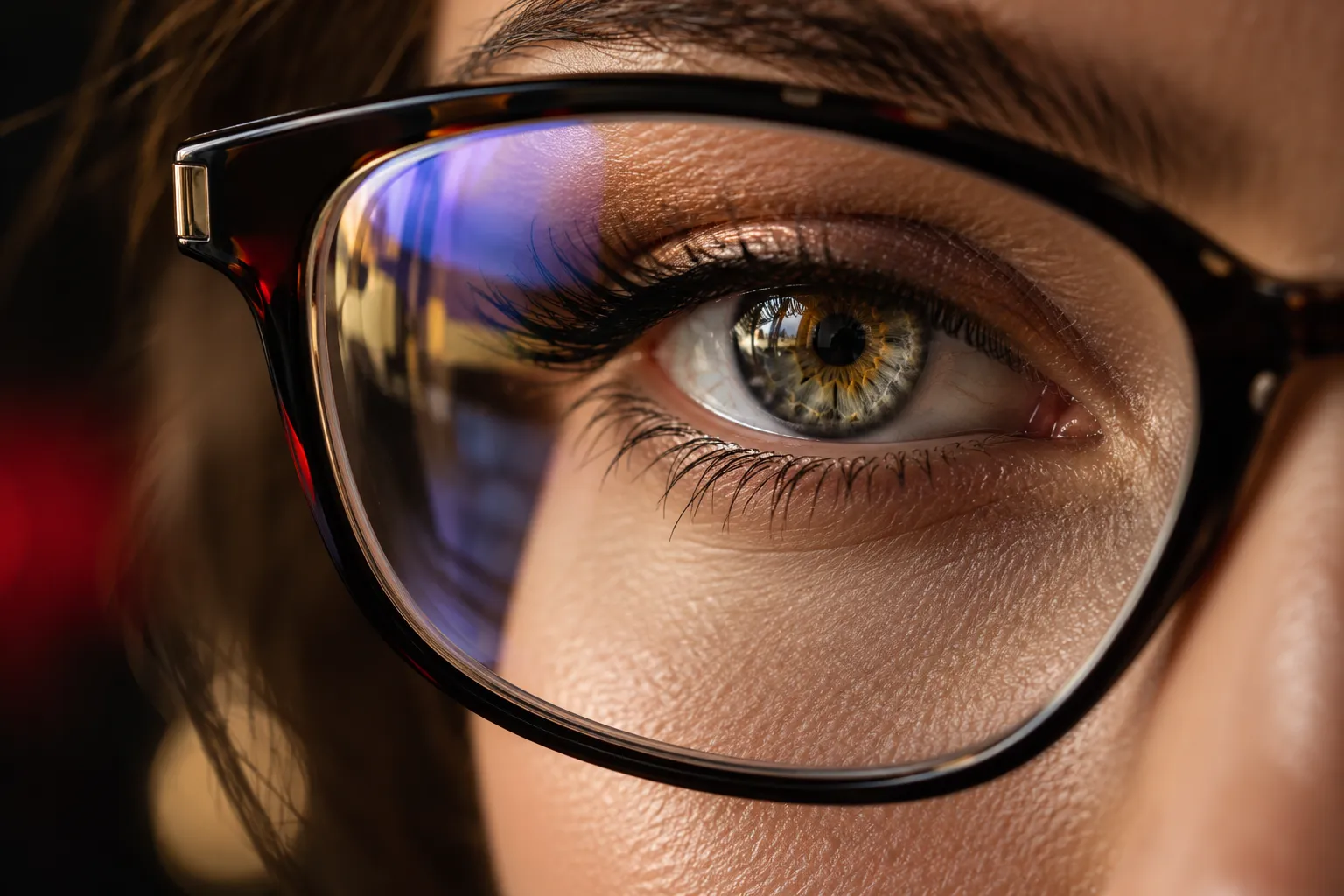 Olho em close-up visto através de uma lente com tratamento antirreflexo azulado