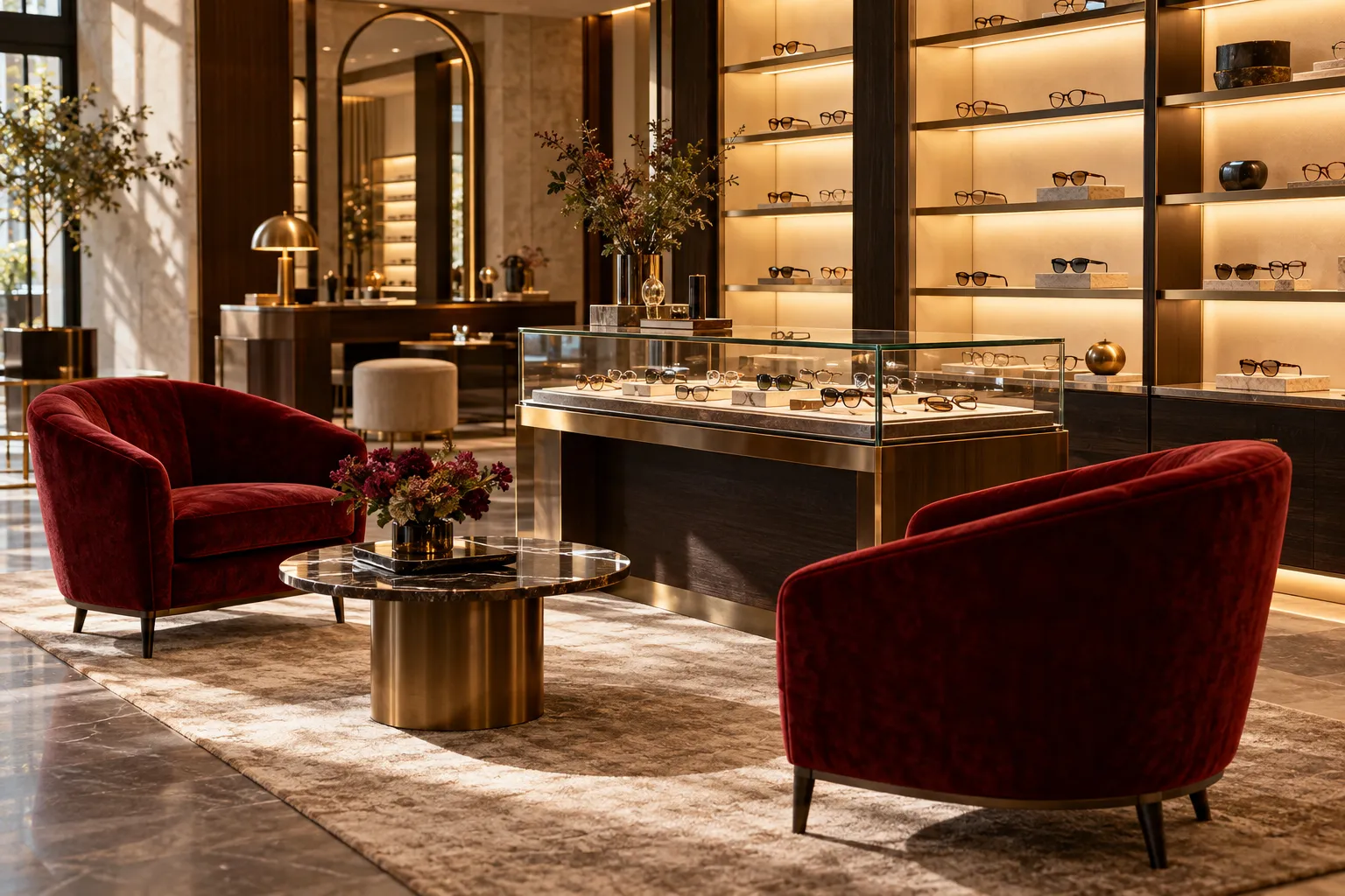 Interior sofisticado da Martins Premium com prateleiras iluminadas, balcão de vidro e poltronas vermelhas