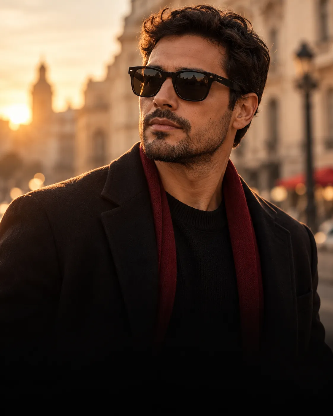 Homem de barba usando óculos de sol pretos ao pôr do sol